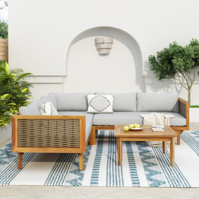 4 Pcs Outdoor Sectional Sofa Set with Acacia Frame and Cushions, Patio Lounge Set with Table