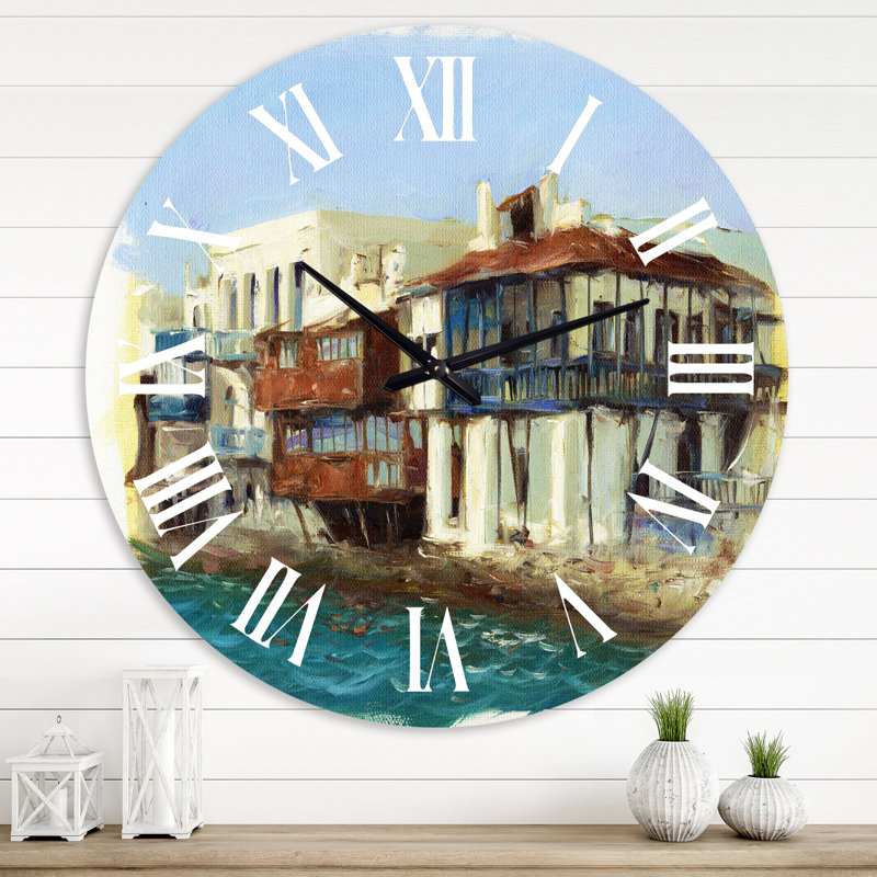 Vieilles maisons sur l'île de Mykonos, Grèce - Horloge murale nautique et côtière, Surdimensionné