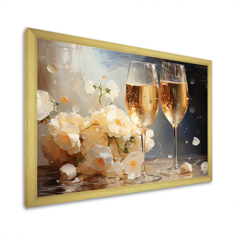 Bulles de fleurs dorées et blanches - Champagne, art mural, Cadre doré à coins fermés, H 24 po x l 32 po x P 1 po
