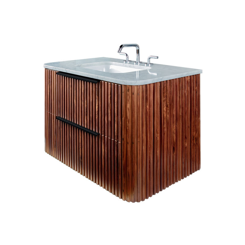 Flutti 36" Vanity, Natural Walnut, Matte Black, Stone Bianco/3 Faucet Holes