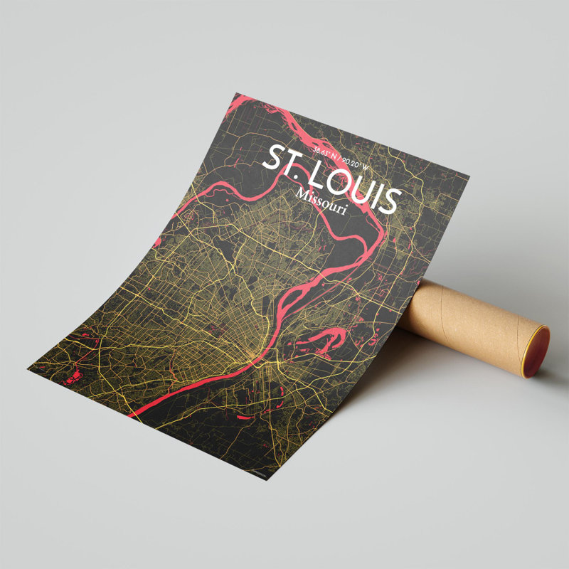St. Louis City Map, impression, H 20 po x l 16 po, Noir / rouge / jaune