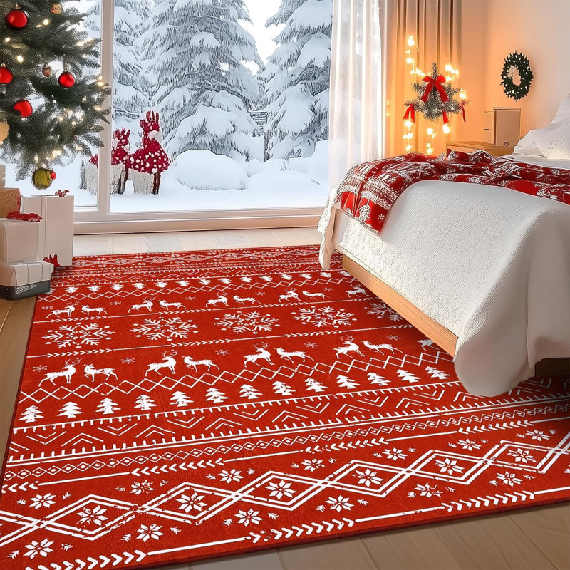 Tapis de Noël lavable et antidérapant à motif flocons de neige pour salon