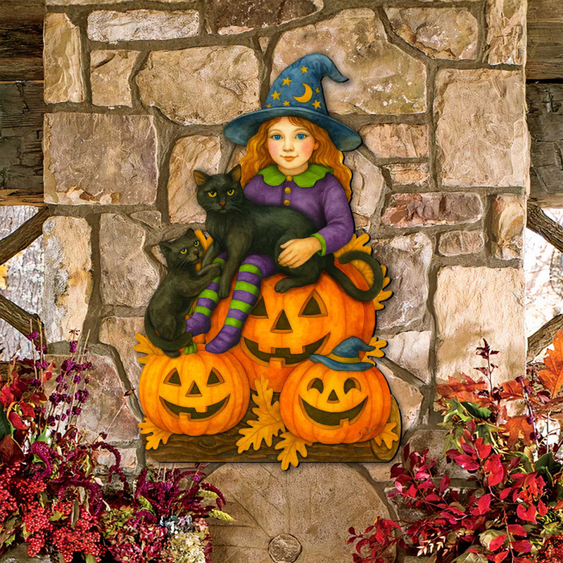 Porte-sorcière d'Halloween avec chats noirs