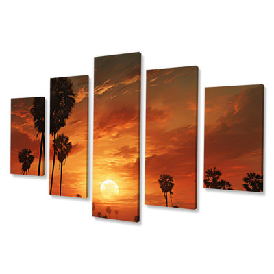 Coucher de soleil avec palmiers - impression sur toile de palmiers - 5 panneaux