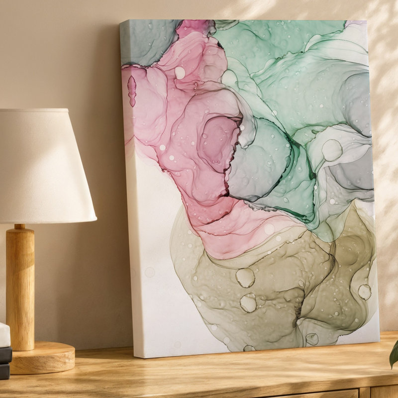 Reproduction d'art sur toile, "Composition abstraite" avec des couleurs pastel tourbillonnantes, y compris un art mural doux, des roses à la menthe et des beiges crémeux
