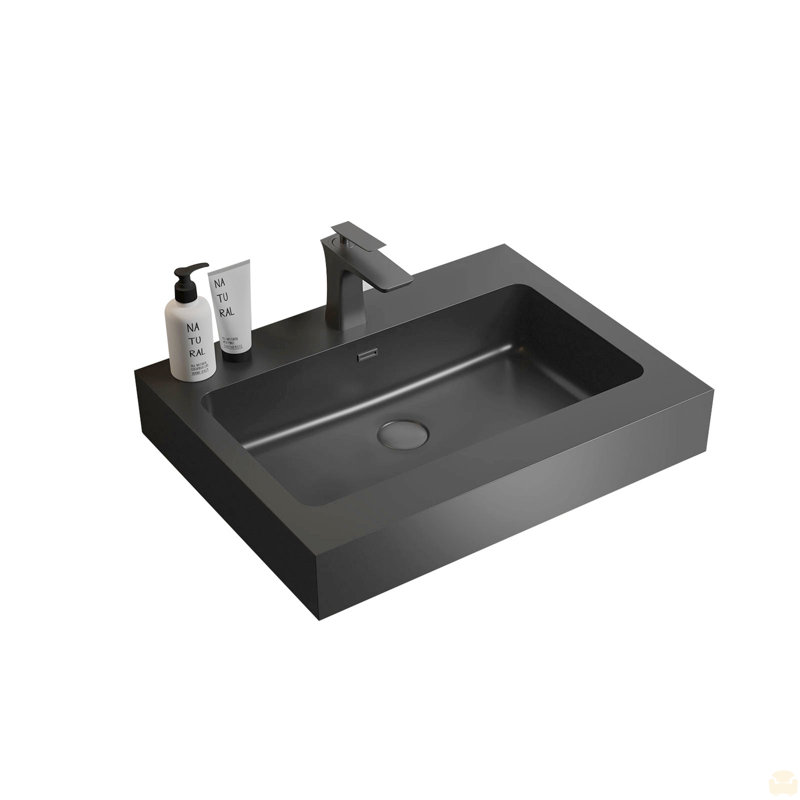 Integrated Engineered Quartz Basin Without Drain, Faucet And Cabinet, Matt Black, Brown, 24"