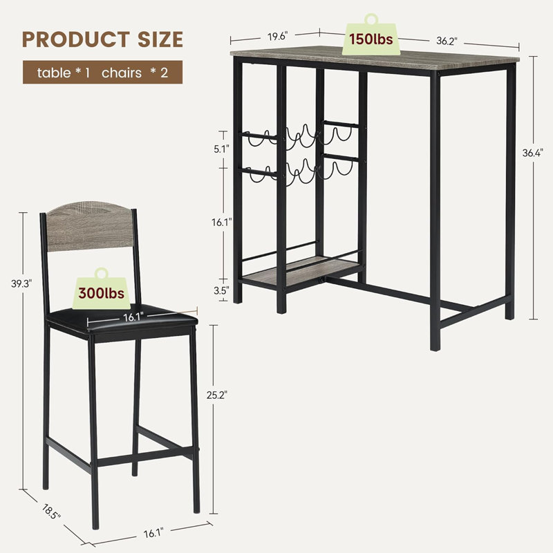 Bar Browndining Table Set For 2 With Storage Shelf And Wine Rack – Space-Saving Counter Height Table With Footrest And 2 Easy-To-Assemble Pu Leather Chairs In Brown