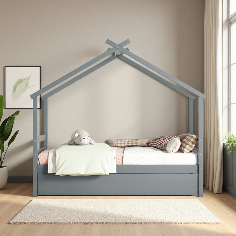 Lit simple en forme de maison avec lit gigogne, Gris