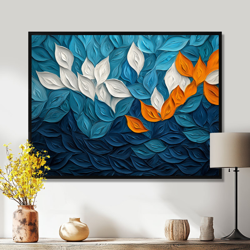 Olaitan Botanical Leaves Harmony Into The Ocean I - feuilles, art mural, Noir, Cadre flottant, H 24 po x l 32 po