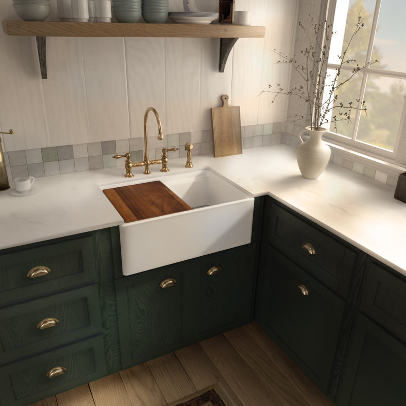 Whitehaus Collection Front Apron Single Bowl Fireclay Kitchen Sinks with Cutting Board and Grid, 33"