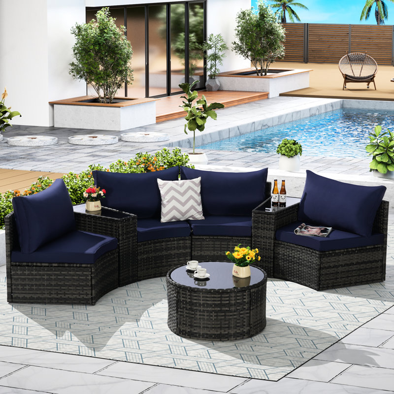 Ensemble de canapé modulaire d'extérieur demi-lune 7 pièces avec table basse ronde en verre trempé, Bleu très foncé