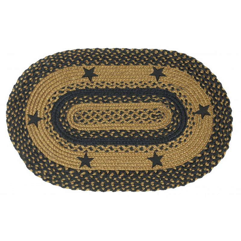 Tapis beige et noir tressé avec étoiles, Ovale 1 pi 7,2 po x 2 pi 6 po