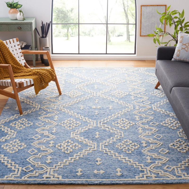 Ivory and Blue Handmade Wool Abstract Area Rug, 8' x 10'