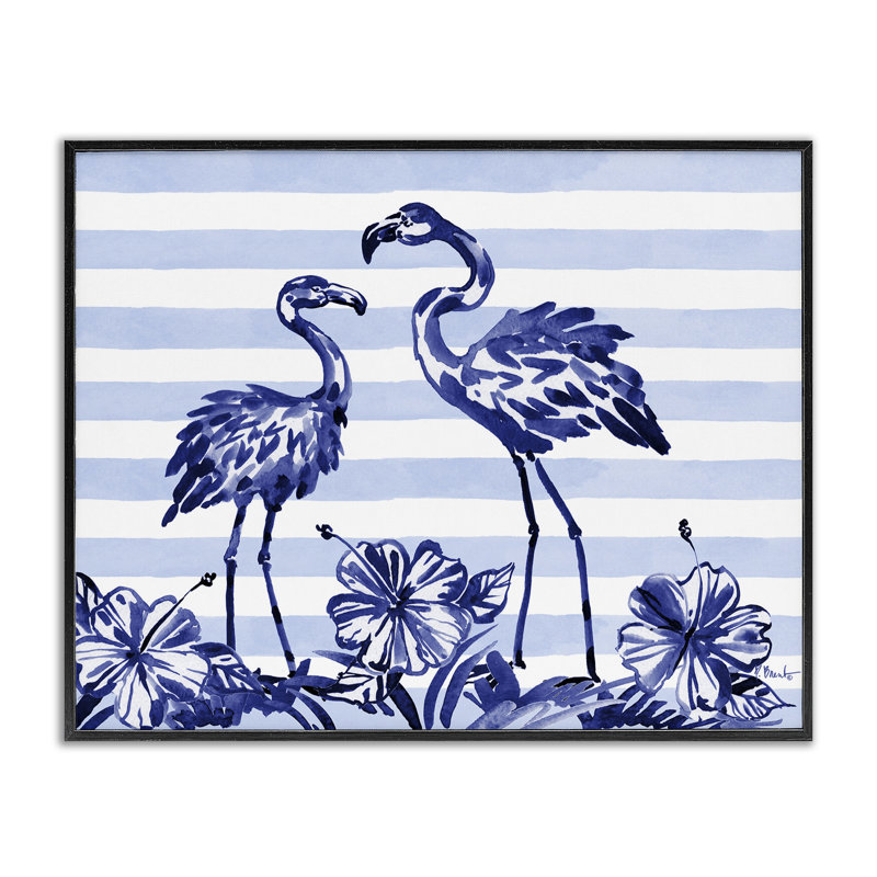 Giclée encadrée de flamants indigo sur rayures, design par Paul Brent, H 24 po x l 30 po, Giclée encadrée noir minuit