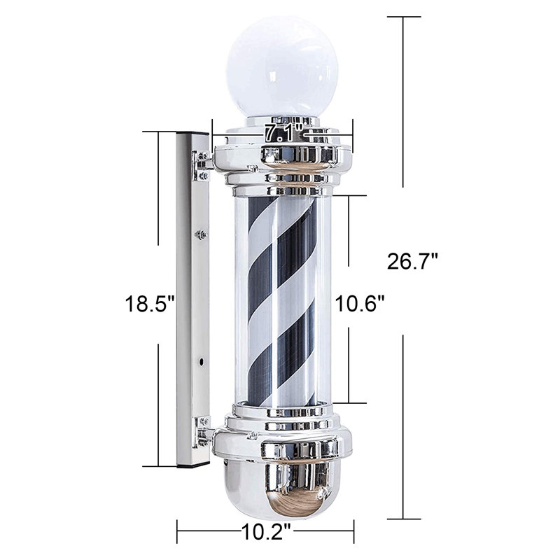 Classic LED Light Barber Pole with Rotating Strip, Chrome/Black/White