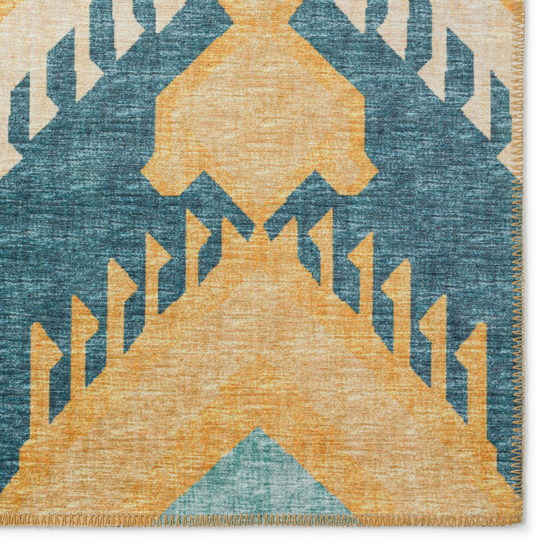 Tapis jaune / blanc / bleu tissé à la machine Hubbs, Rond 8 pi
