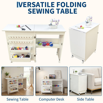 Table de couture pliante avec tablette et plateau de rangement – ​​Gain de place, roulettes verrouillables, 120 x 40 x 78 cm – Table de couture compacte pour l'organisation de votre espace de travail.