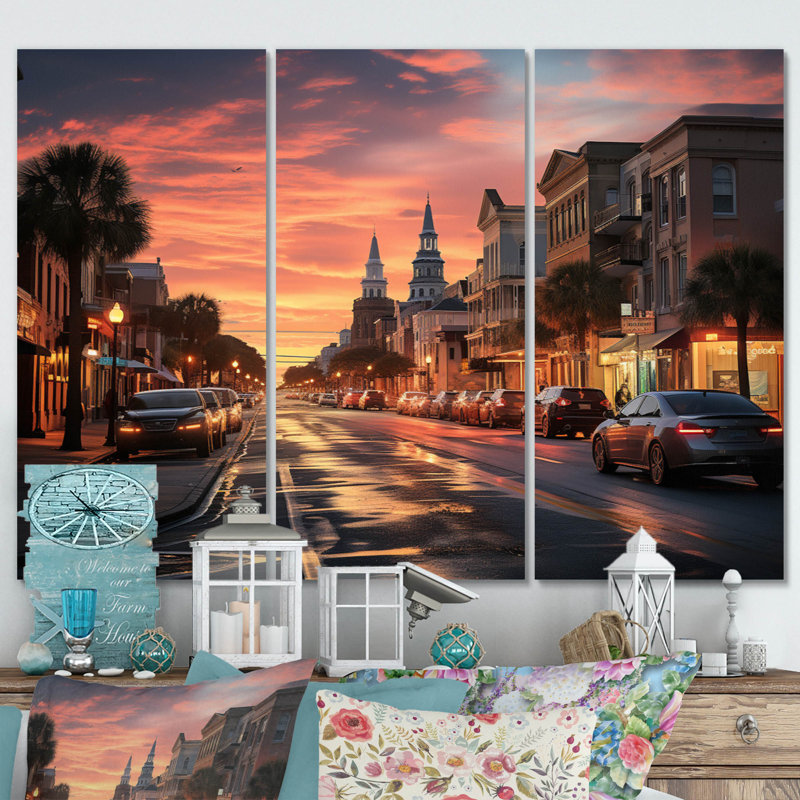 Charleston Beautiful Cityscape IV on Canvas, reproduction de 3 pièces, H 32 po x l 48 po x P 1 po