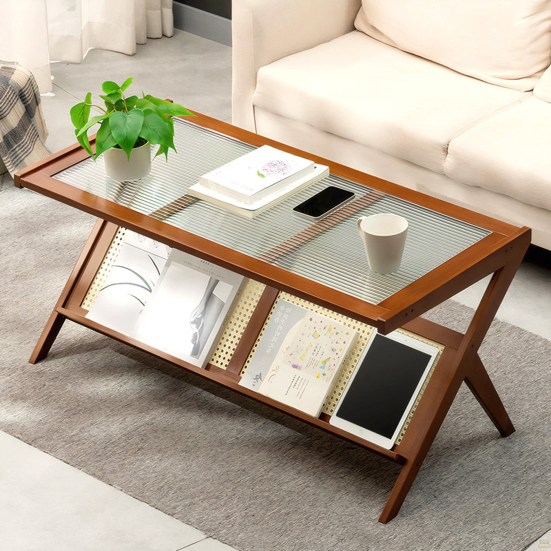 Table basse en rotin avec plateau en verre, grande table centrale avec rangement Boho