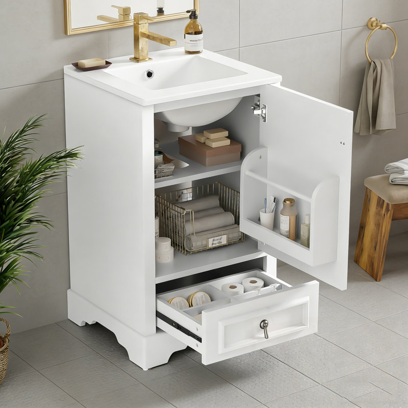 Meuble-lavabo de salle de bain avec lavabo en céramique, porte à fermeture en douceur et tablette réglable en forme de U