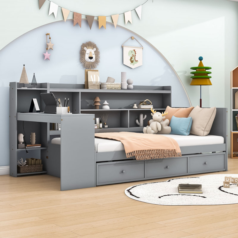 Lit de jour en bois avec bureau intégré, ports de chargement USB et tiroirs de rangement, Gris, Simple