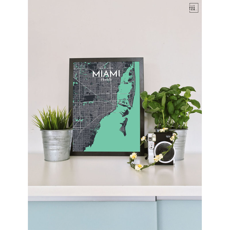 Miami City Map - Unframed Graphic Art Print on Paper, 61cm H x 45.7cm W x 0.1cm D, Black/Grey