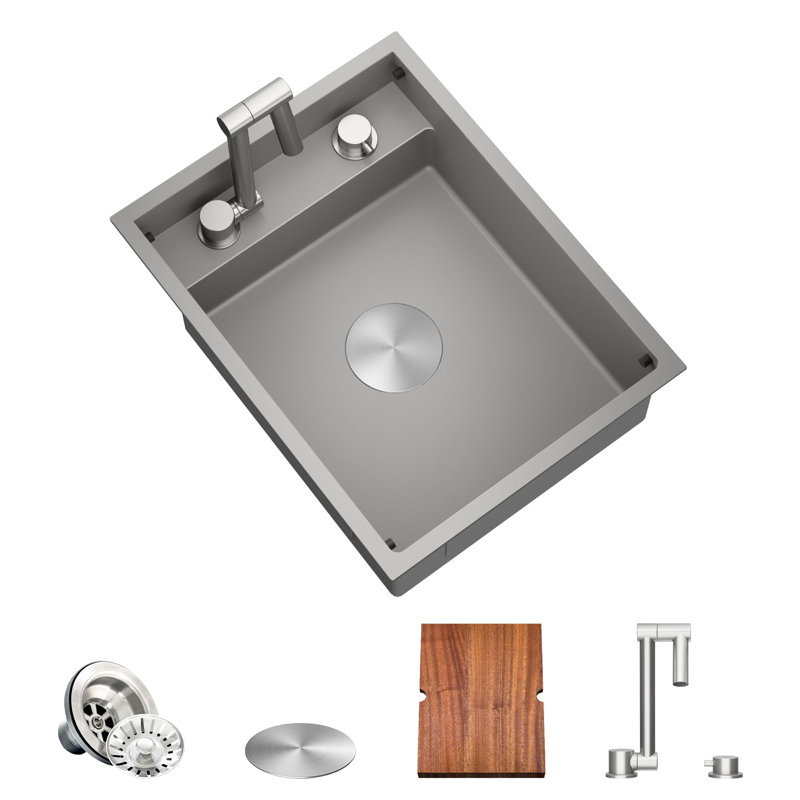 RV Kitchen Sink, 16 x 21 x 7 Inch Undermount Bar Sink with Foldable Faucet Cutting Board, Gray