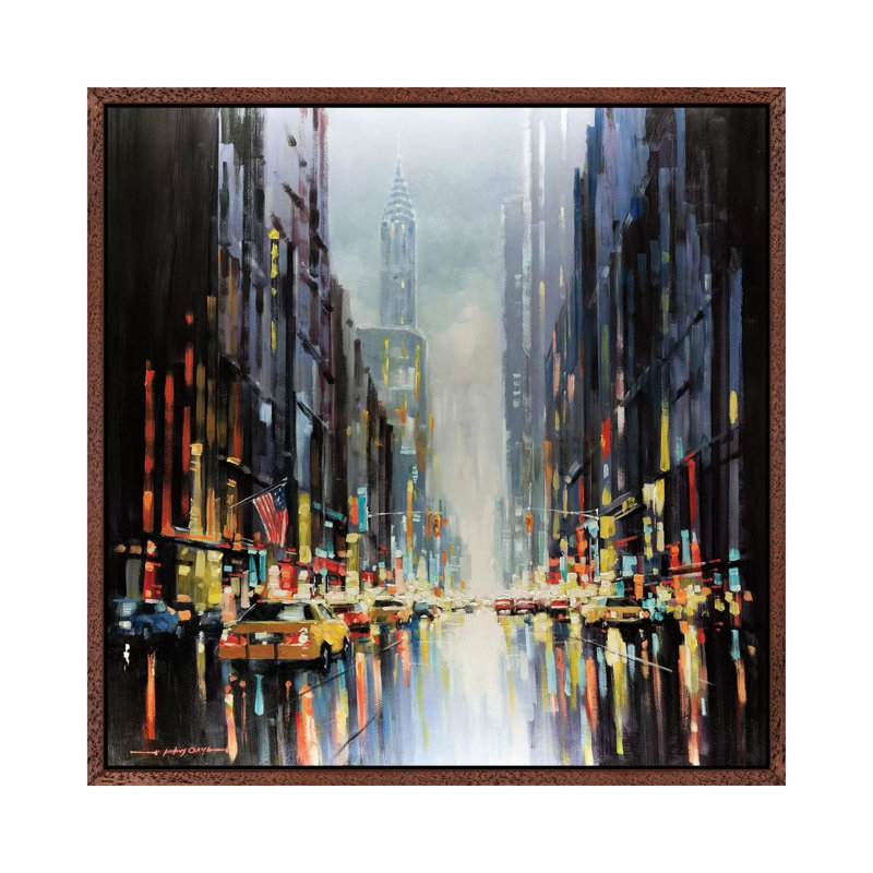 City Lights by E.A.Orme - Painting on Canvas, Classic Brown Wood Framed, 66.04cm H x 66.04cm W x 3.81cm D