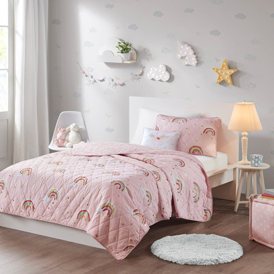 Thyme Rainbow and Metallic Stars Reversible Quilt Set with Unicorn Throw Pillow