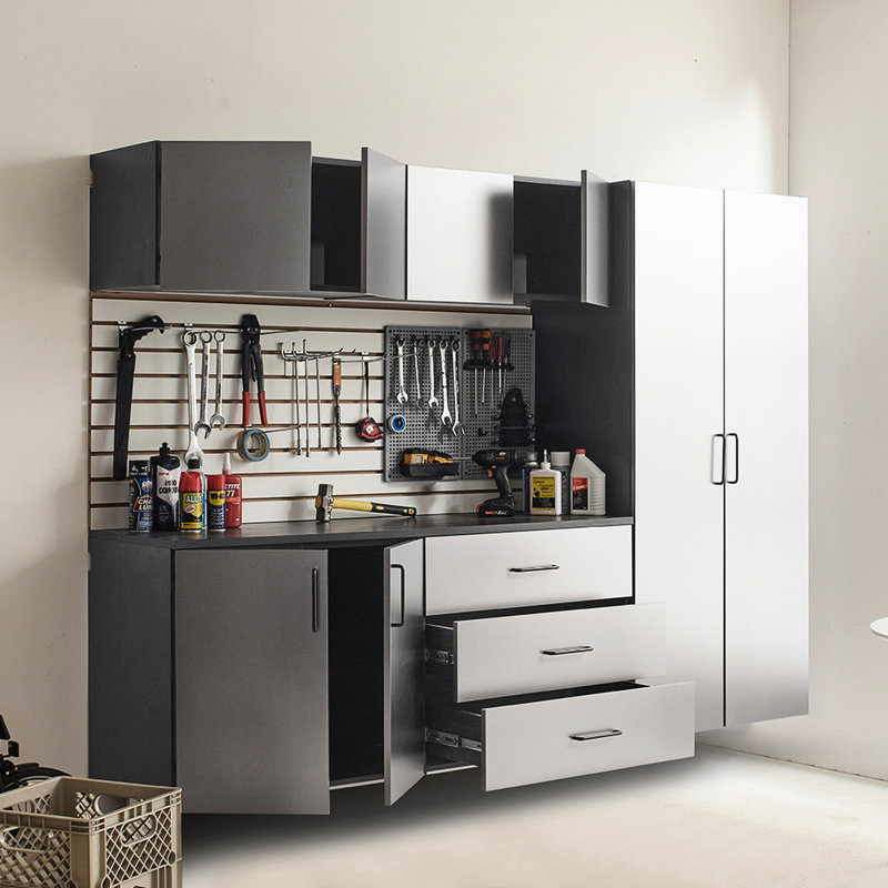 Garage Cabinet B From Series, 96 In. W, 6 Pieces, Metallic Gray Finish, Drawers And Doors, Water Heat Quality Factor, 2X Thicker Edge Banding, On Adjustable Shelf Assembly, Double Metal