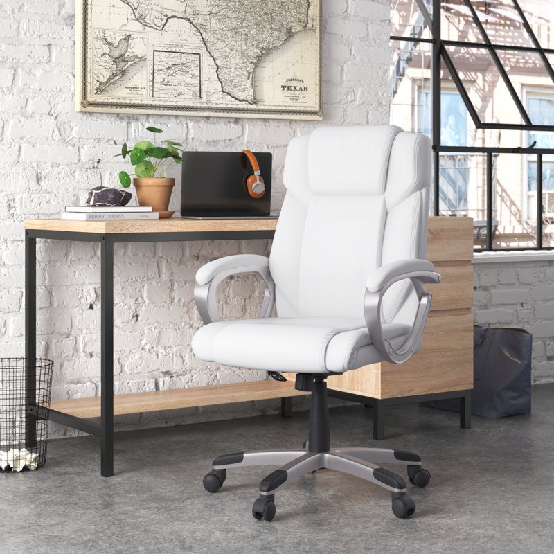 Kalman Mid-Back LeatherSoft Executive Swivel Office Chair with Padded Arms, White