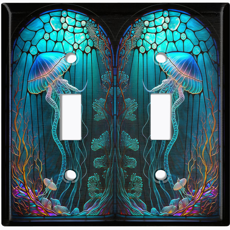 Cute Jelly Fish Blue Glass Art Print Copper Rust Patina Teal Print 2 - Gang Toggle Light Switch Standard Wall Plate