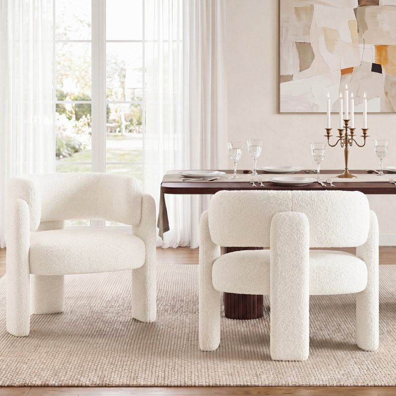 33" Wide Modern Velvet Upholstered 3-Legs Dining Armchair, Cream Boucle