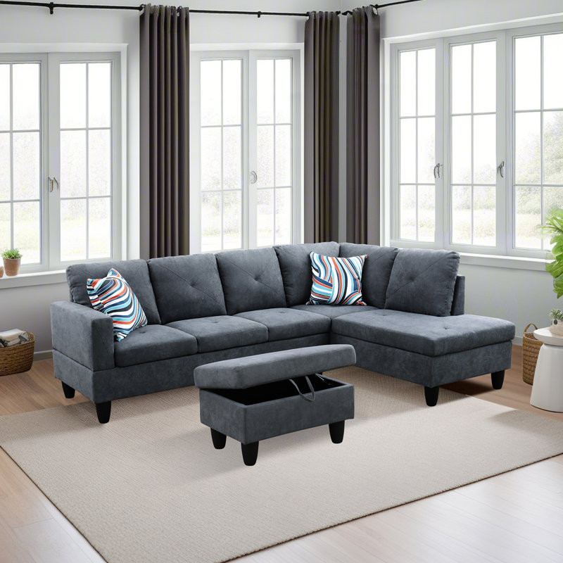 Velvet L-Shaped Sectional Right Hand Facing, Gray