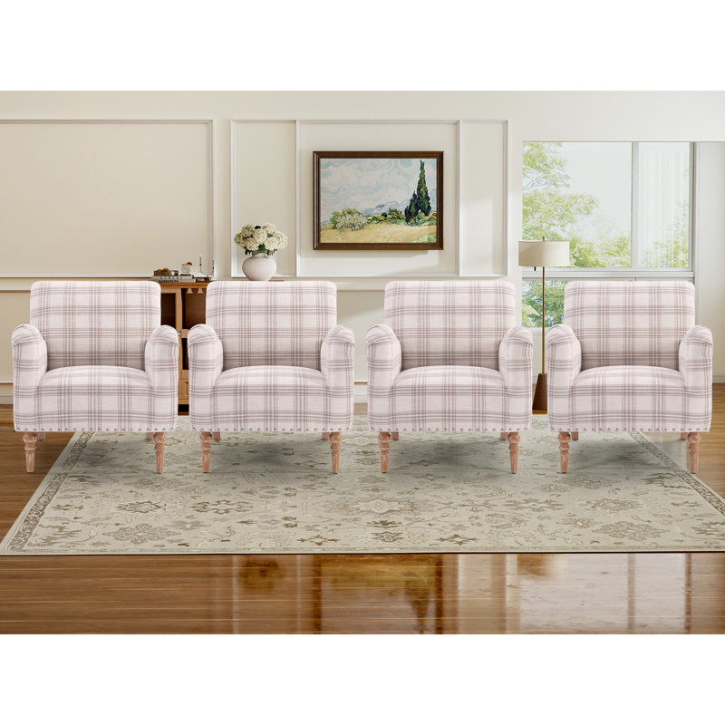29" Wide Vintage Solid Wood Plaid Accent Chair With Nailhead Trim, Brown White