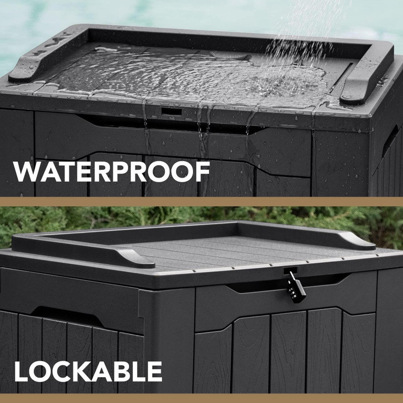 Coffre de terrasse en résine imperméable 30 gallons avec siège, contenant de rangement d'une capacité de 220 lb et sièges supplémentaires avec accoudoirs intégrés pour patio ou balcon