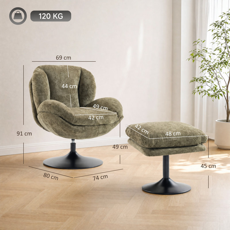Upholstered Chenille Swivel Lounge Chair With Footstool, Dark Green Chenille