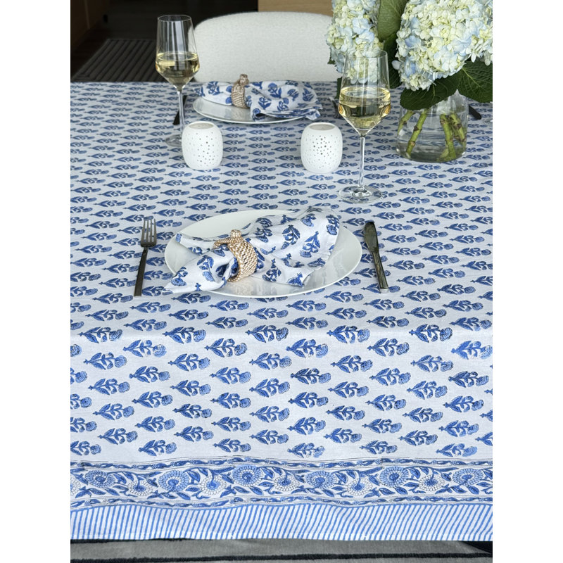 Hand Block Print Tablecloth, Blue, 108" L x 70" W
