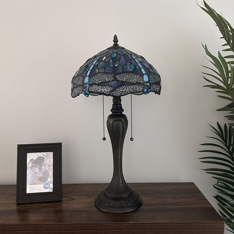 Gleb Tiffany Table Lamp Stained Glass Dragonfly LED Bulbs Included 12'W*12"D*22"H, Sea Blue