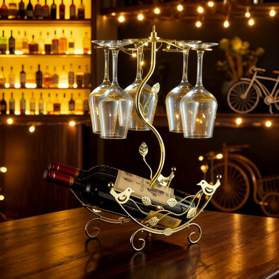 Support à vin avec porte-verre, support à vin de comptoir et à verres à pied (or)