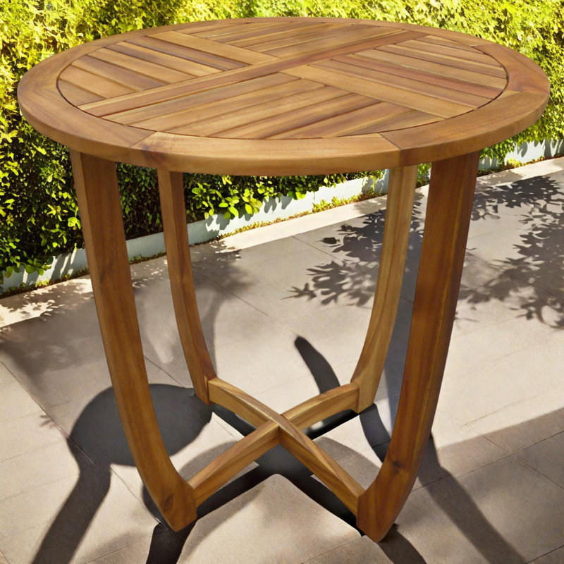 Outdoor Round Wood Bistro Table with Slat Top and Cross Base, 27.5 Inches