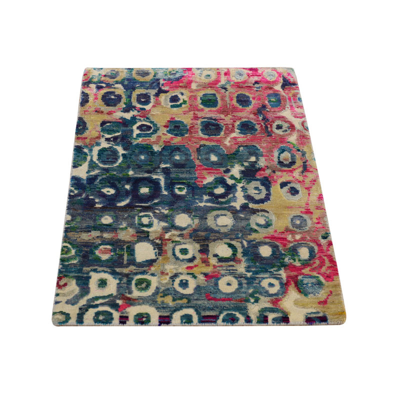 Tapis oriental noué à la main 2 pi x 3 pi 2 po en soie Sari, coloré, noué à la main