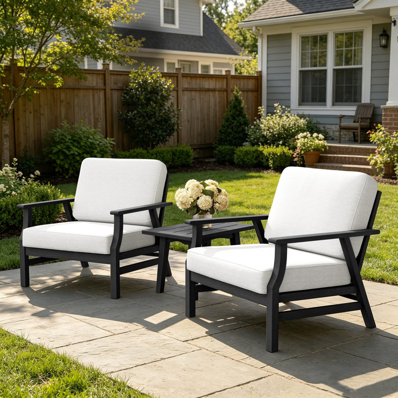 Shweta Solid Wood Outdoor Three Pieces Chair Conversation Seating Group With Cushions And Side Table, Beige, Black