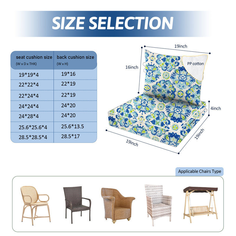 19 x 19 In Patio Furniture Cushions set of 2, Fade Resistant Outdoor Seat Cushions witj 4 pairs of Ties, Deep Seat Cushion for Seat Patio Chairs, Rattan Furniture, Wicker Seating, outdoor Adirondack Chair,Ballflower