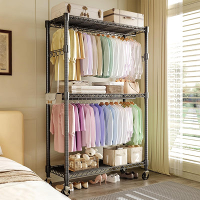 3-Tier Heavy Duty Rolling Clothes Rack with 2 Hanging Rods and Adjustable Shelves, Freestanding Metal Garment Rack with Wheels