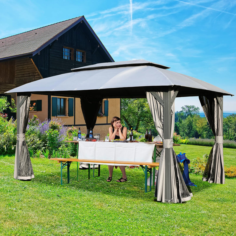 Pavillon de jardin gris 10 pi x 14 pi Tente d'extérieur avec double toit et rideaux d'intimité. Tissu. Cadre en métal pour patio, cour, terrasse, pelouse 10 x 14 pi - gris. Toits améliorés. . Structure en acier. Pour terrasse