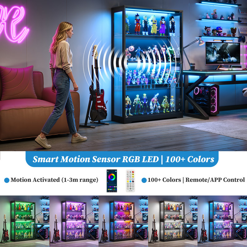 Display Cabinet with 100+Color RGB LED Lights & Adjustable Glass Shelves, 4-Tier Curio Cabinet with Tempered Glass Doors & Motion Sensor for Collectibles, Game Room, Living Room, Home Office, Black