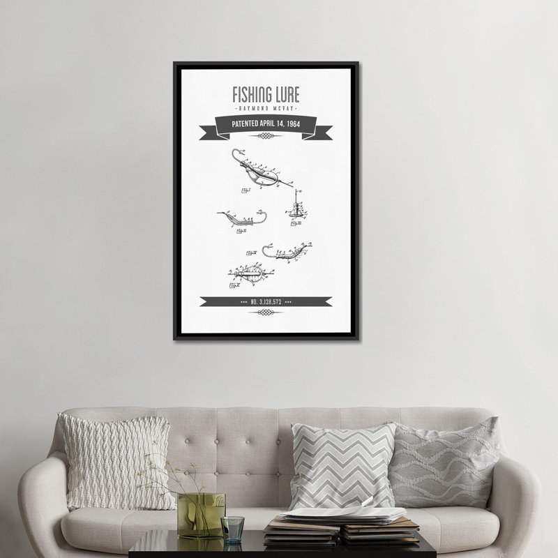 " Raymond McVay Fishing Lure Patent Sketch Retro II " by Aged Pixel, 26" H x 18" W x 1.5" D, Black Framed Canvas, No Mat