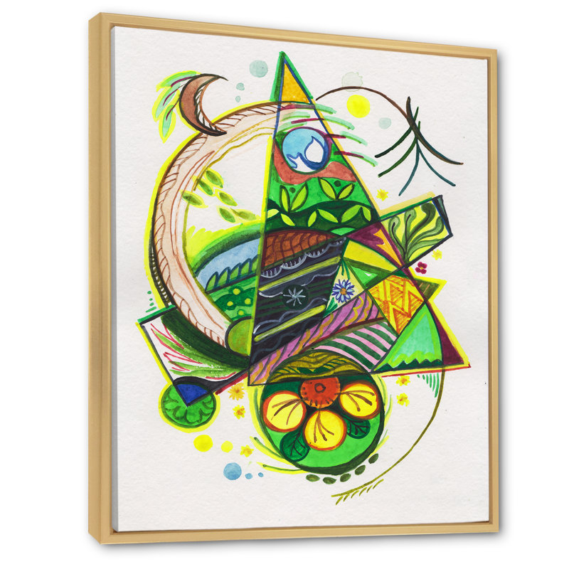 Géométriques grands triangles verts II - Peinture, H 32 po x l 16 po x P 1 po, Cadre flottant brun