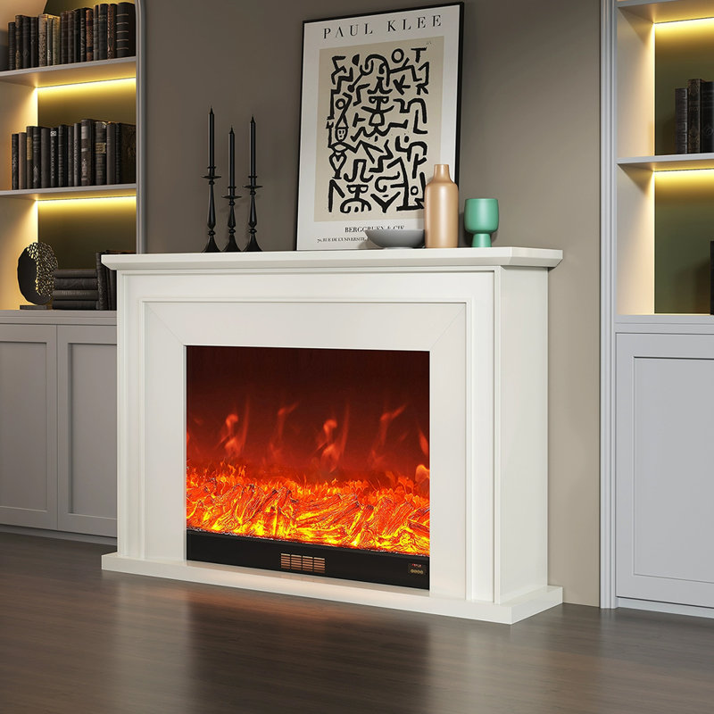 Foyer électrique en bois massif beige, H 39,37 po x l 59,06 po x P 12,6 po